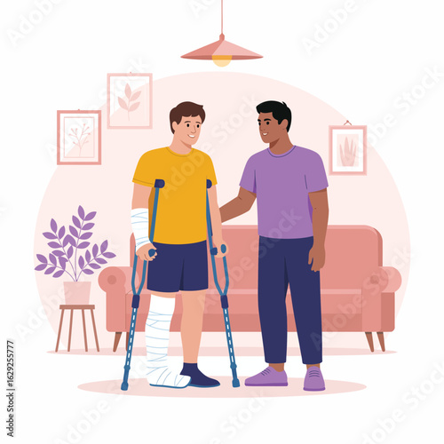 A young man with a bandaged leg using crutches receives support from a friend, emphasizing the importance of friendship and assistance during tough times.