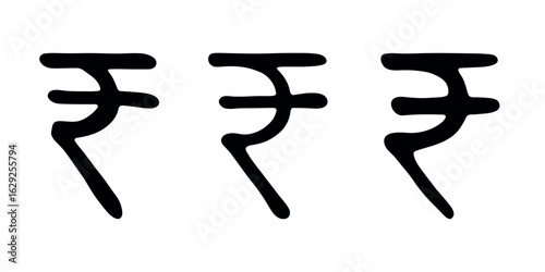 Set of hand drawn rupee currency symbol. Brush stroke doodle. Single element for design