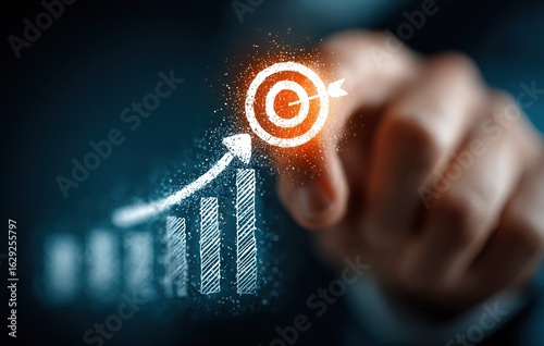 Business Growth Concept: Hand Touching Target Icon with Rising Graph on Digital Screen for Goal Achievement and Online Profit
