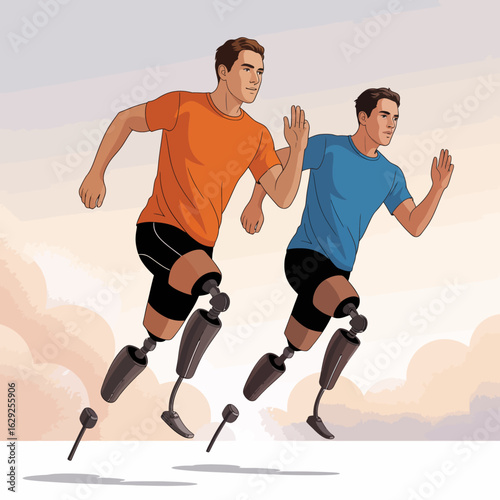 Two athletes with prosthetic legs run energetically at sunset, demonstrating strength and resilience while redefining limitations and showcasing the power of the human spirit.