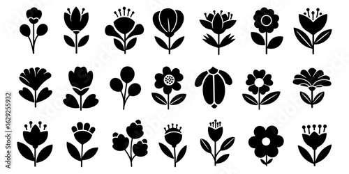 Collection of black stylized floral icons on white background