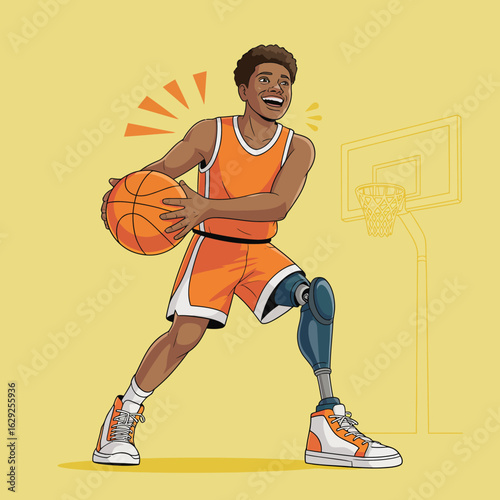 A young basketball player with a prosthetic leg showcases joy and determination while holding a basketball on a vibrant court, symbolizing resilience and hope.
