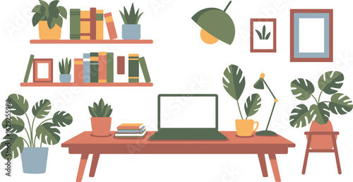 Cozy home office desk with plants and books laptop