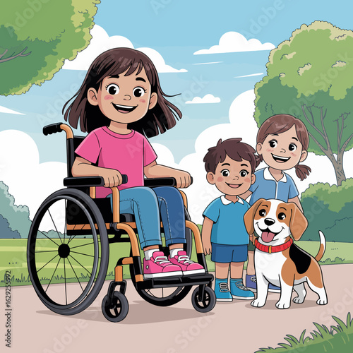 A smiling girl in a wheelchair enjoys a sunny day at the park, surrounded by her friends and a dog, promoting inclusivity, joy, and friendship in everyday life scenes.