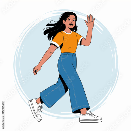 A joyful young woman casually walks, wearing a vibrant yellow top and stylish jeans, radiating confidence and positivity in her everyday life with a friendly wave.