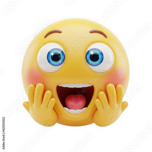 An excited yellow emoji face with blushing cheeks isolated on transparent background