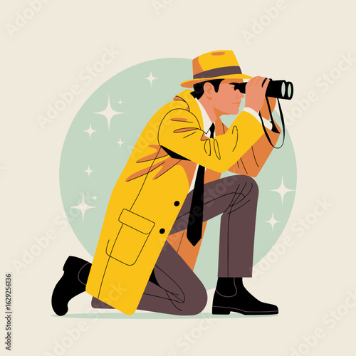 A focused photographer kneels in a striking yellow coat, equipped with binoculars, searching intently for the perfect shot amidst a dreamy green backdrop with sparkling accents.