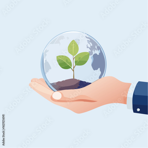 Eco Concept Vector – Sapling Growing Inside Earth Held by a Hand