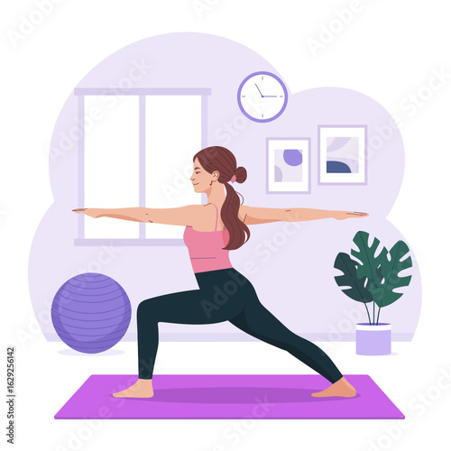 A woman gracefully practices yoga in a bright living room, showcasing strength and focus, with natural light streaming through the windows and plants enhancing the calming atmosphere.