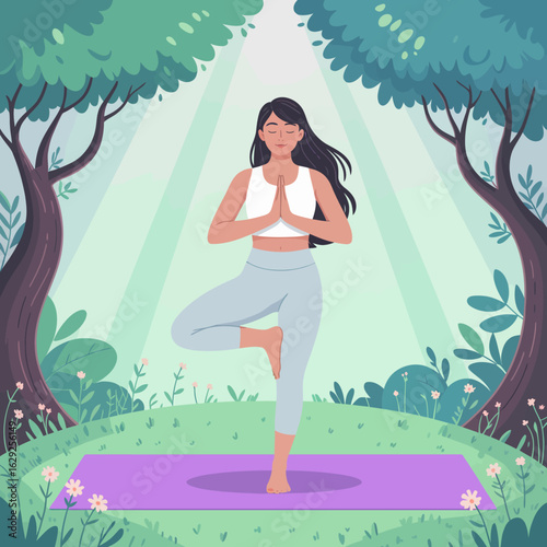 A woman gracefully holds a tree pose in a serene outdoor setting, surrounded by lush greenery and sunlight, embodying peace, balance, and unity with nature in a tranquil environment.