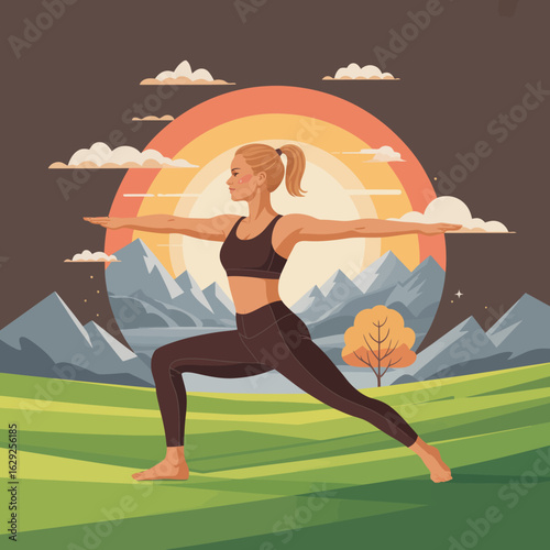A serene image of a woman practicing yoga in a beautiful outdoor setting surrounded by mountains, emphasizing balance, strength, and mindfulness.