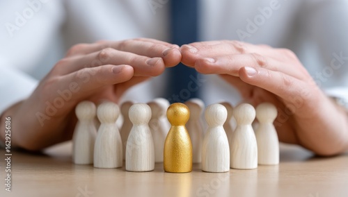 Protective Hands Form a Shield Over a Golden Leader and Wooden Team