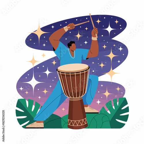 A vibrant illustration of a drummer passionately playing a djembe under a star-filled sky, signifying joy through music and the celebration of life and creativity.