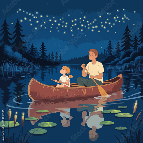 A serene night scene featuring a father and daughter canoeing on a calm lake surrounded by twinkling stars and lush greenery, embodying familial love and connection.