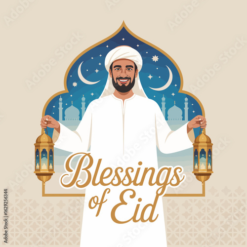 A joyful man dressed in traditional attire holding lanterns, set against a backdrop of a night sky and mosque silhouettes, symbolizing the festive spirit of Eid celebrations.