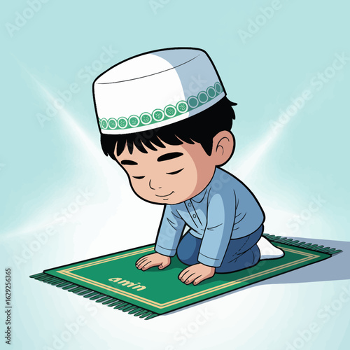 A young child shown in a humble prayer posture on a prayer mat, encapsulating innocence, faith, and the depths of spiritual connection to their beliefs and traditions.