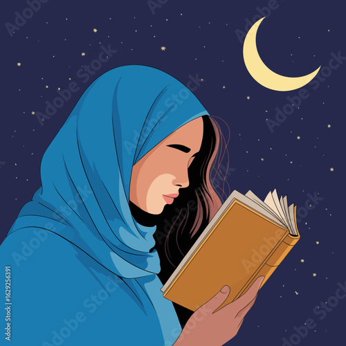 A captivating illustration of a woman reading a book under a serene night sky, adorned with stars and a crescent moon, evoking a sense of calm and introspection.
