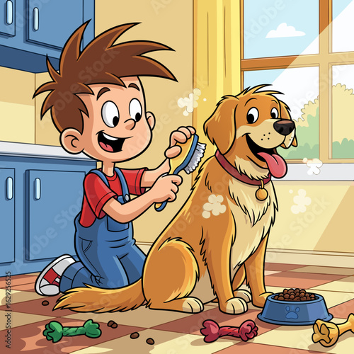 A smiling cartoon boy in blue overalls happily brushing his fluffy brown and black pet dog.