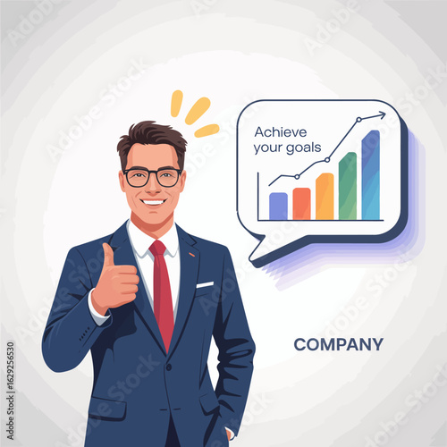 A poised businessman in a suit confidently gives a thumbs up gesture, accompanied by growth charts to symbolize success and achievement in a professional environment.