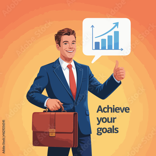 A cheerful businessman giving a thumbs up while holding a briefcase, conveying motivation and ambition with a growth chart symbolizing success and goal achievement.