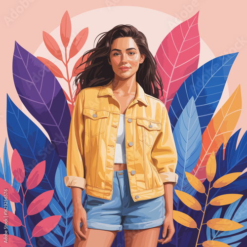 A smiling woman in a yellow jacket poses against a backdrop of tropical foliage, radiating positivity and summer vibes, capturing the essence of warmth and joy during the sunny season.