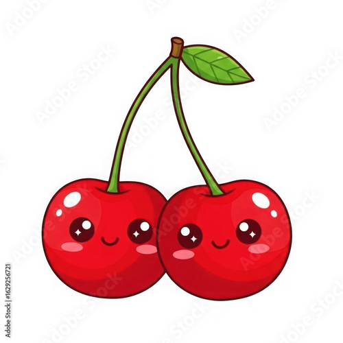 Two cute cherries with smiling faces isolated on transparent background