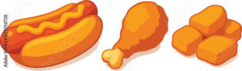 Delicious Fast Food Assortment Hot Dog Chicken Leg Nuggets.