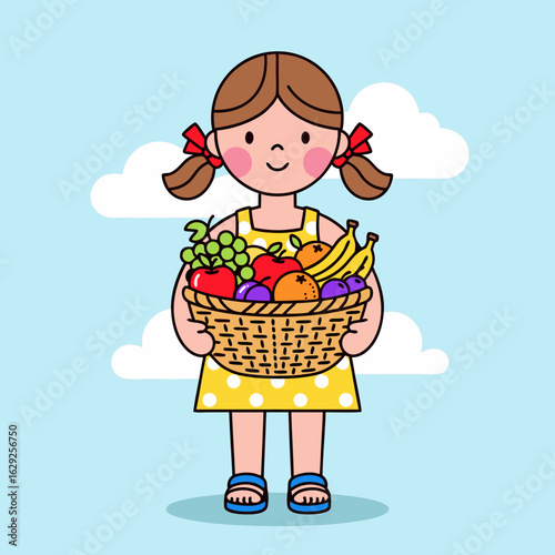 Cheerful cartoon girl with brown pigtails and red bows holding a wicker basket full of fresh colorful fruit.