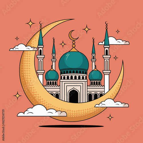 This illustration features a stunning mosque nestled within a large golden crescent moon against a soft coral background, embodying spirituality and tranquility.