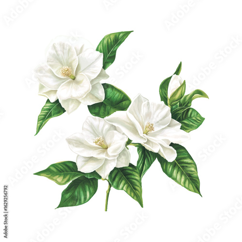 Beautiful Vector Illustration of White Gardenia Flowers with Green Leaves and Buds PNG and vector file