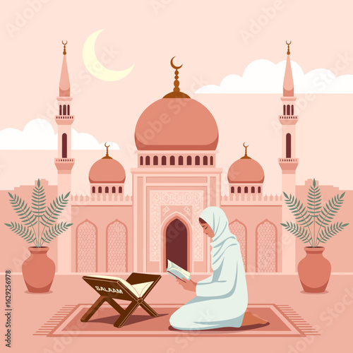 This image illustrates a serene scene of a woman reading the Quran in front of a beautiful mosque at sunset, reflecting the deep connection between faith and daily life.
