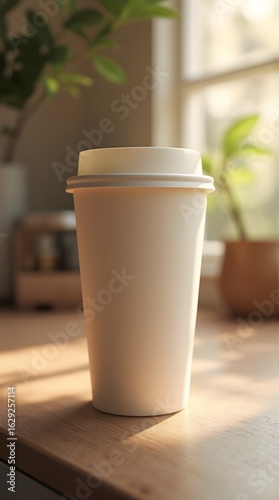 Blank Coffee Cup on a Wooden Desk in a Sunny Room