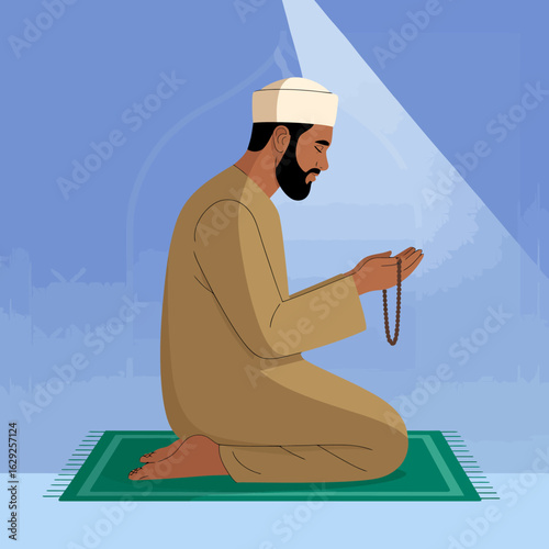 A man kneels in prayer, holding a rosary, reflecting spirituality and devotion in a serene setting, capturing the essence of contemplation and faith.