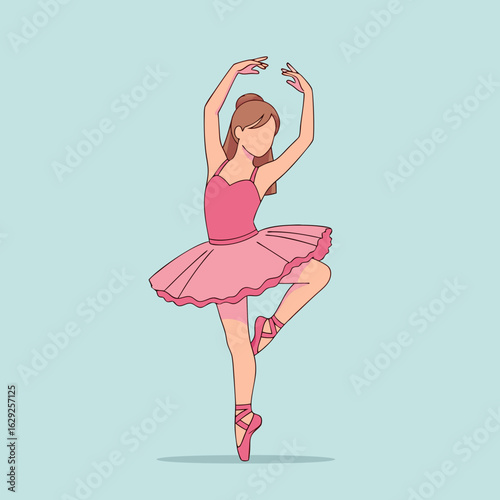 Graceful faceless ballerina in a pink tutu and pointe shoes performing a classic dance pose with raised arms.