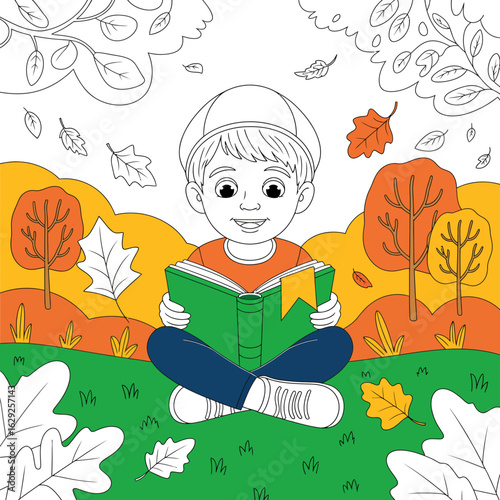 A vibrant fall scene featuring a delighted child reading a book while seated on the grass, surrounded by colorful leaves that symbolize the season's beauty and wonder.