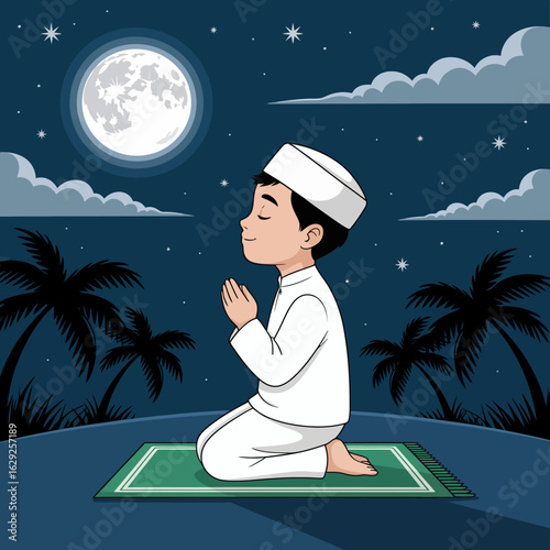 A young boy kneels in prayer on a prayer mat under a bright full moon, surrounded by a serene night landscape that evokes peace, spirituality, and reflection.