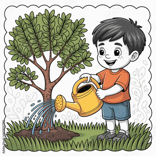 A joyful child is watering a small tree in a lush green park, highlighting the importance of nature and nurturing plants for a healthier environment and future growth.