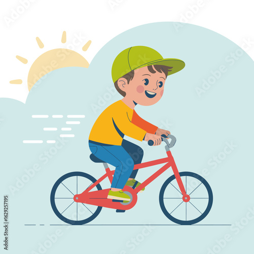A happy boy rides a bicycle under bright daylight, showcasing the freedom and joy of outdoor activities, capturing the essence of childhood adventures and exploration.