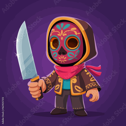 A mystical character wearing a decorative mask and hood holds a shiny knife, embodying elements of folklore and intrigue in a vibrant artistic style.