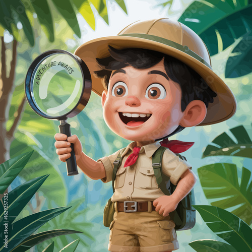An excited boy dressed as an explorer, holding a magnifying glass and smiling brightly amidst lush greenery, conveying the spirit of adventure and discovery in a vibrant jungle setting.