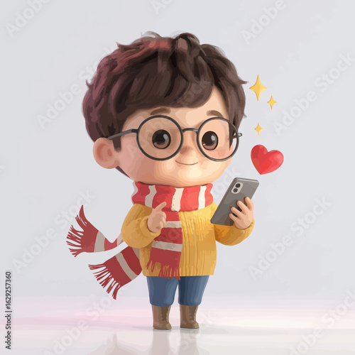 This charming digital illustration features a young boy holding a smartphone while smiling, embodying excitement and love, perfect for conveying joy and modern life.