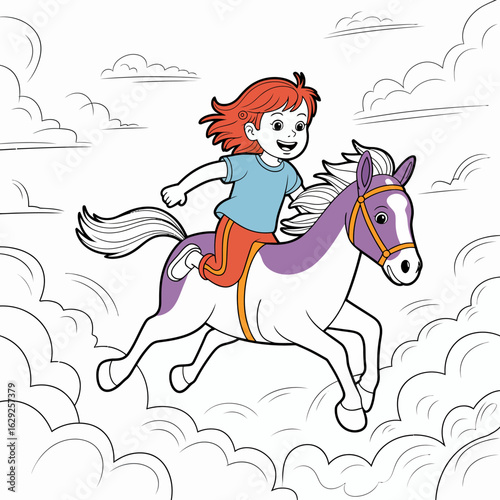 A joyful girl rides a colorful horse through fluffy clouds, capturing the essence of adventure and imagination in a playful, whimsical style filled with vibrant energy.