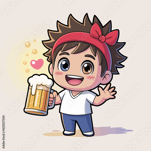 A joyful kid with a playful expression holds a beer mug, radiating excitement and happiness, making this image perfect for cheerful themes or merchandise targeting fun-loving audiences.