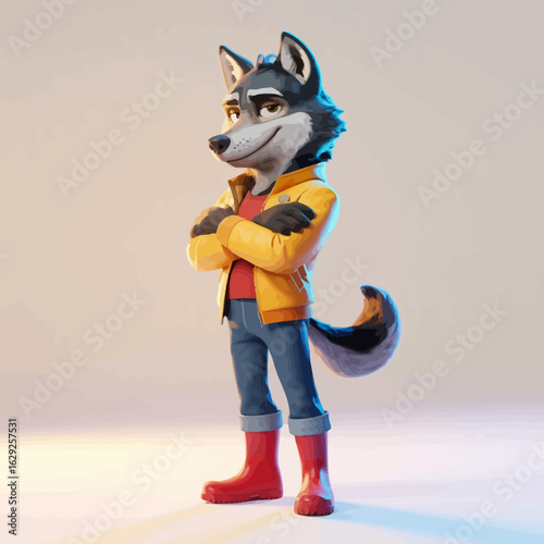 A stylish wolf character standing confidently with crossed arms, showcasing a modern artistic design perfect for animation and character development themes.
