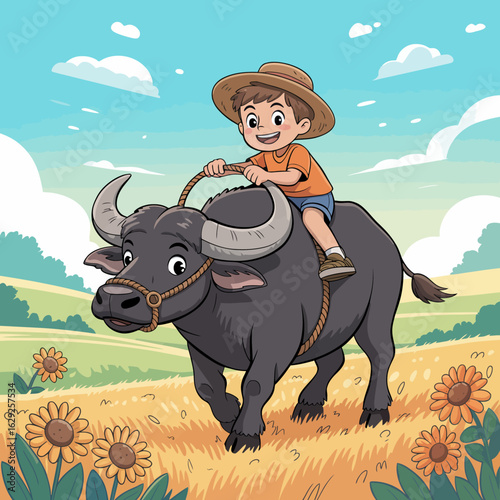 A young boy, wearing a straw hat, joyfully rides a buffalo across a sunlit field, capturing the essence of rural life and carefree childhood adventures.