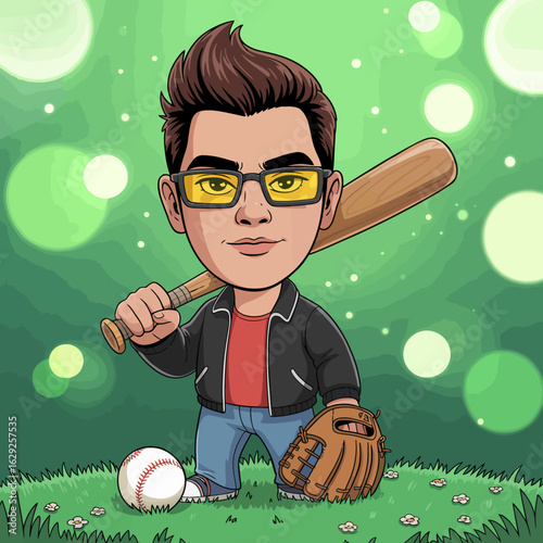 A stylish young boy baseball player confidently poses outdoors with a baseball bat, showcasing his passion for the sport amid a vibrant green background.