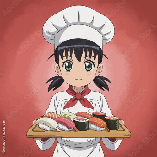 The image features a cheerful cartoon chef in a white outfit, proudly holding a wooden platter loaded with various types of sushi, showcasing culinary artistry and joy.
