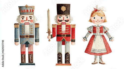 Festive watercolor illustrations of classic Christmas characters