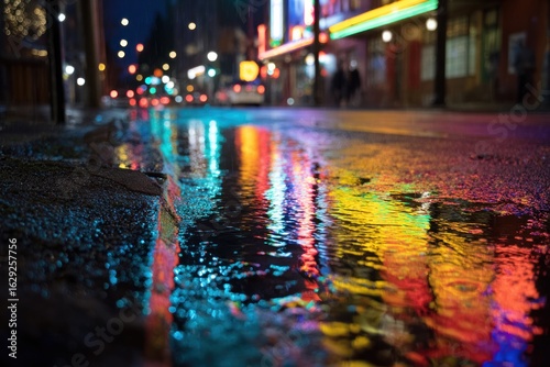 Rain-Soaked Gutter Ablaze with Vibrant Neon City Light Reflections