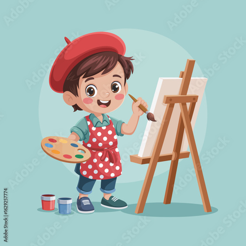 A cheerful young boy dressed as an artist happily paints on a canvas, showcasing creativity and artistic expression with vibrant colors and a playful demeanor.